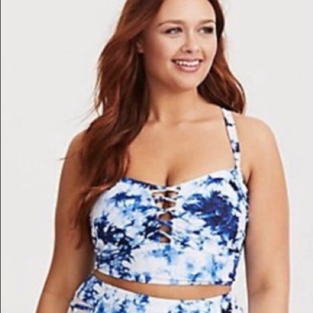Torrid Blue Tie Dye Lattice Bikini TOP ONLY